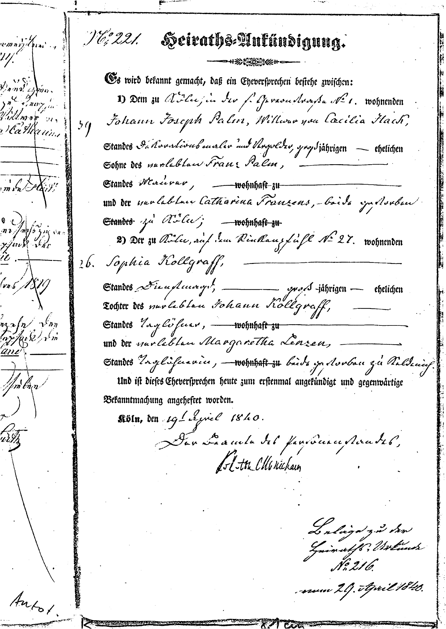 Deutschsprachige Heiraths-Aufkündigung für Johann Joseph Palm aus Köln von 1840