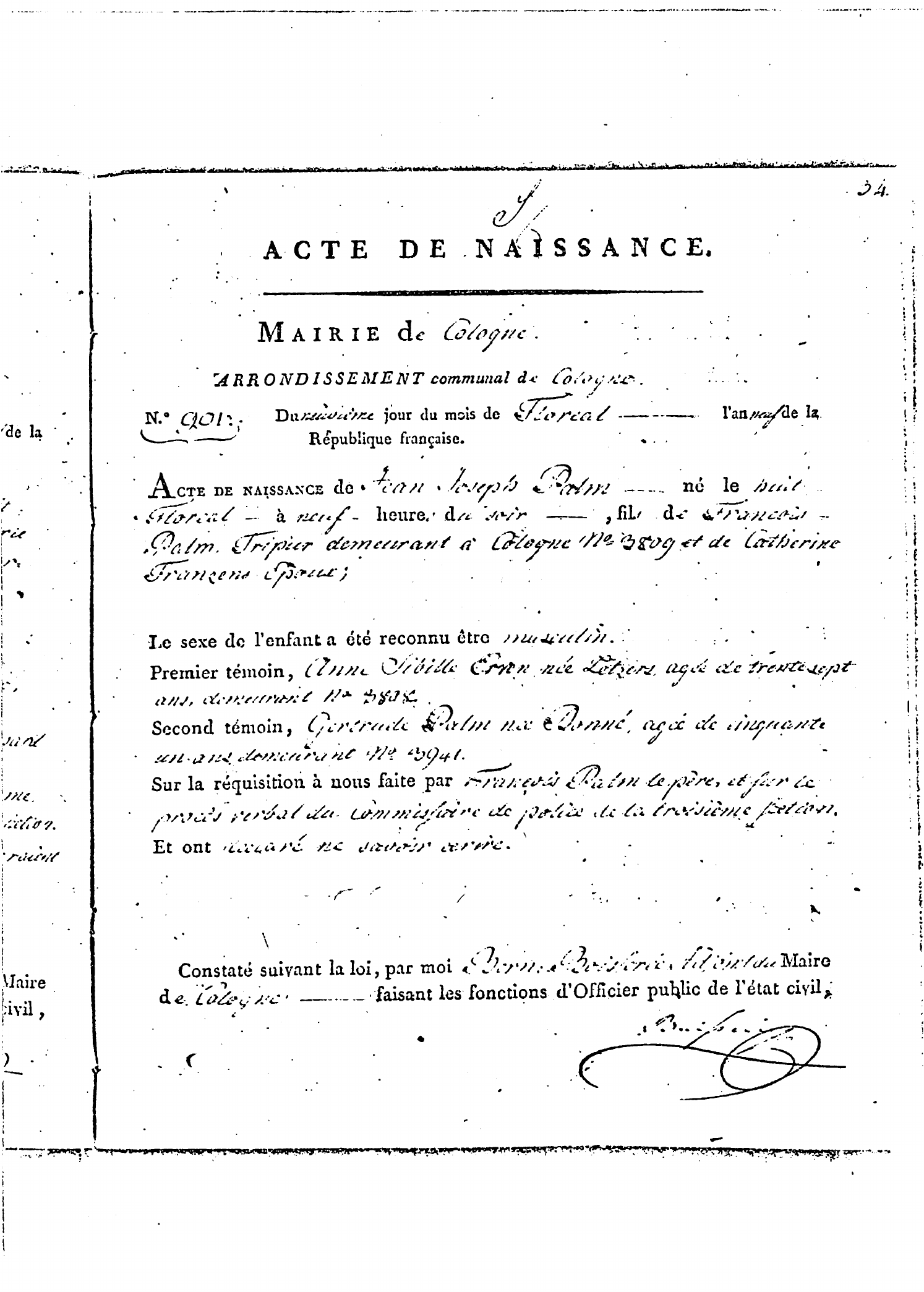 Französischer Geburtseintrag von Jean Joseph Palm aus dem Jahr 1801